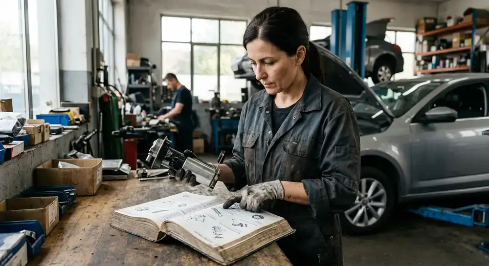 Mechanic matching an auto part to a vehicle catalog